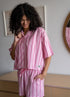 Women Summer Pajama Set Pink Stripes Buttoned Shirt + Shorts